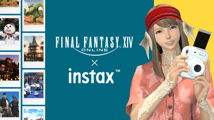 Banner for the Final Fantasy 14 and instax campaign. On the left are multiple instax photographs showing in-game screenshots. On the right is an Au Ra with in a red hat and pink shirt holding up an instant camera.