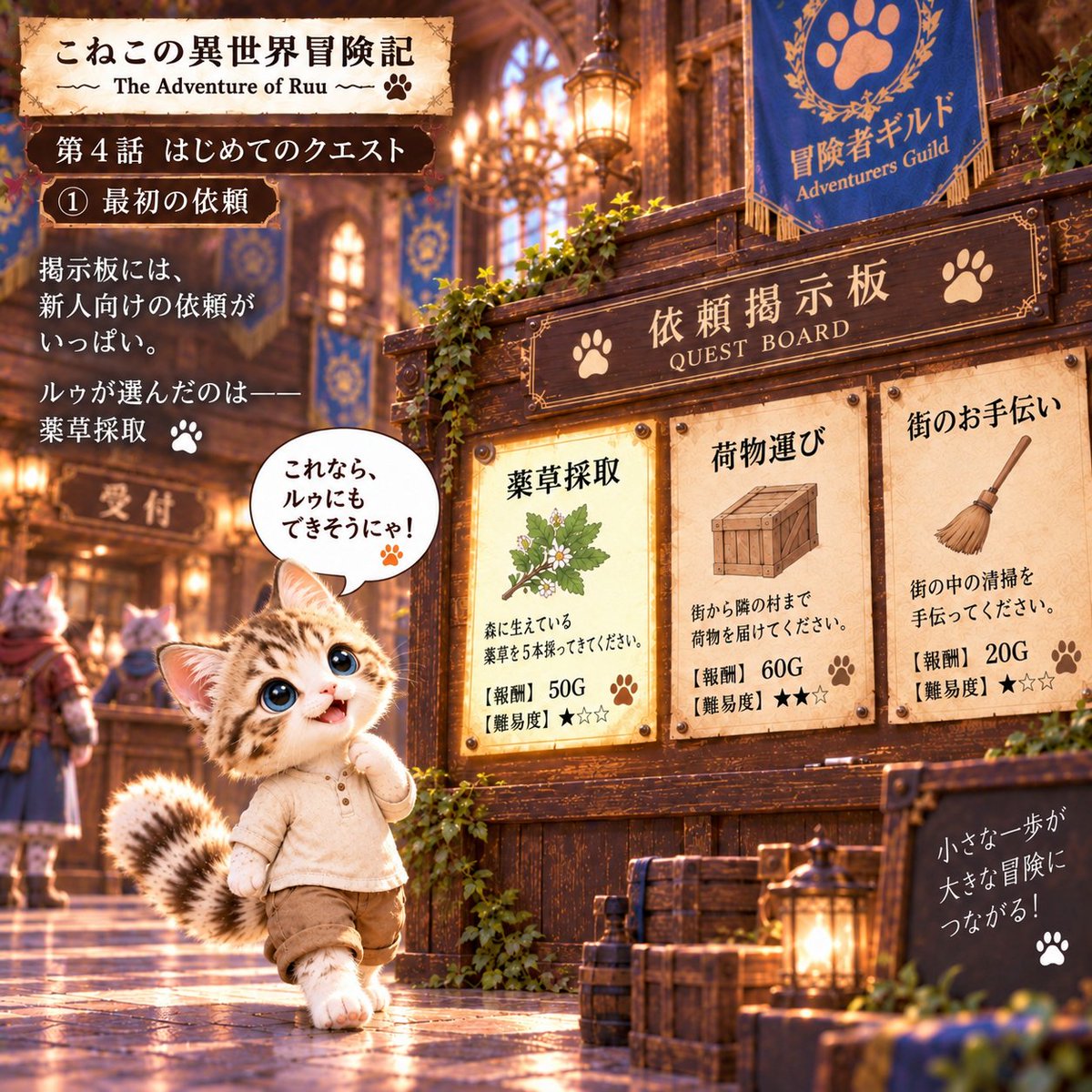 pondering20's tweet photo. 第1章🌱 「こねこ、異世界で居場所を見つける」

🐱第4話「はじめてのクエスト」🐾

①「最初の依頼」

掲示板には、 新人向けの依頼がいっぱい。

ルゥが選んだのは―― 薬草採取。

 「これなら、ルゥにもできそうにゃ！」

👇 続きはリプ欄へ https://t.co/aRTScPZpGC