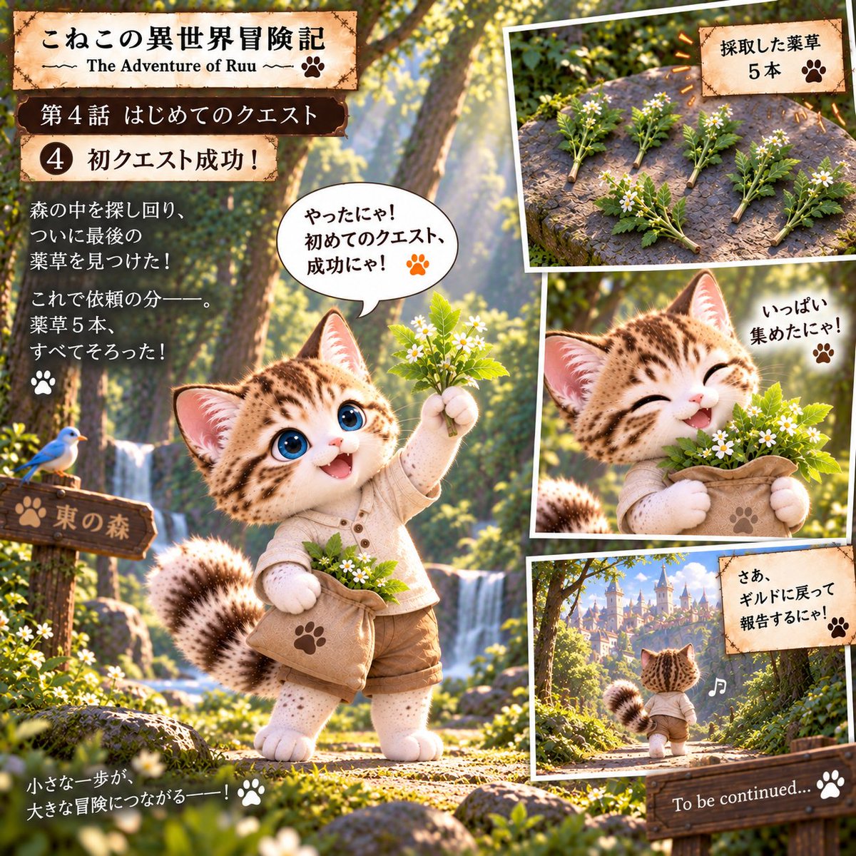 pondering20's tweet photo. ④「初クエスト成功！」

一本、二本……。

そして最後の一本も見つけた。

薬草、5本。 

「やったにゃ！ 初めてのクエスト、
成功にゃ！」 https://t.co/epS4lRyQuh