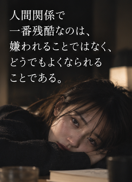 taku_s280's tweet photo. 人間関係で一番残酷なのは、嫌われることではなく、どうでもよくなられることである。

嫌われているうちは、
まだ相手の感情の中にいる。
腹が立つ。

言い返したい。

分かってほしい。

そう思われているということは、
良くも悪くも
自分が相手に影響を与えている。

でも、
本当に関係が終わる時って、
もっと静かだと思う。
返信が遅くなっても怒らない。

約束を破られても何も言わない。

誰と遊んでいても気にならない。
許したわけじゃない。

感情を使うほどの相手ではなくなっただけ。

愛情と憎しみは
反対に見えるけど、

どちらも相手に
かなり関心を向けている。

だから、

人間関係の本当の反対側にあるのは
嫌悪ではなく無関心なのかもしれない。

「嫌い」と言われるより、
何をしても感情が動かなくなった時の方が、関係は終わりに近い。
