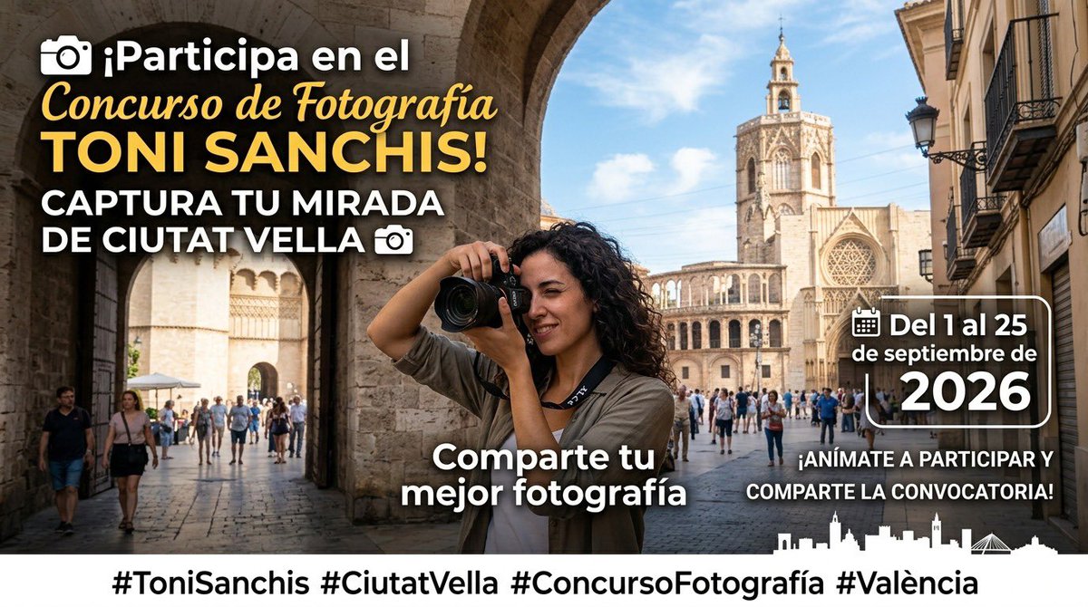 participaVLC's tweet photo. 📸 Participa en el Concurs de Fotografia Toni Sanchis!

✨ Captura la teua mirada de Ciutat Vella i compartix la teua millor fotografia.

🗓️ De l'1 al 25 setembre 2026

📷 Anima't a participar i compartix la convocatòria!

Imatge generada amb suport de la IA https://t.co/y0xi0JmQQg