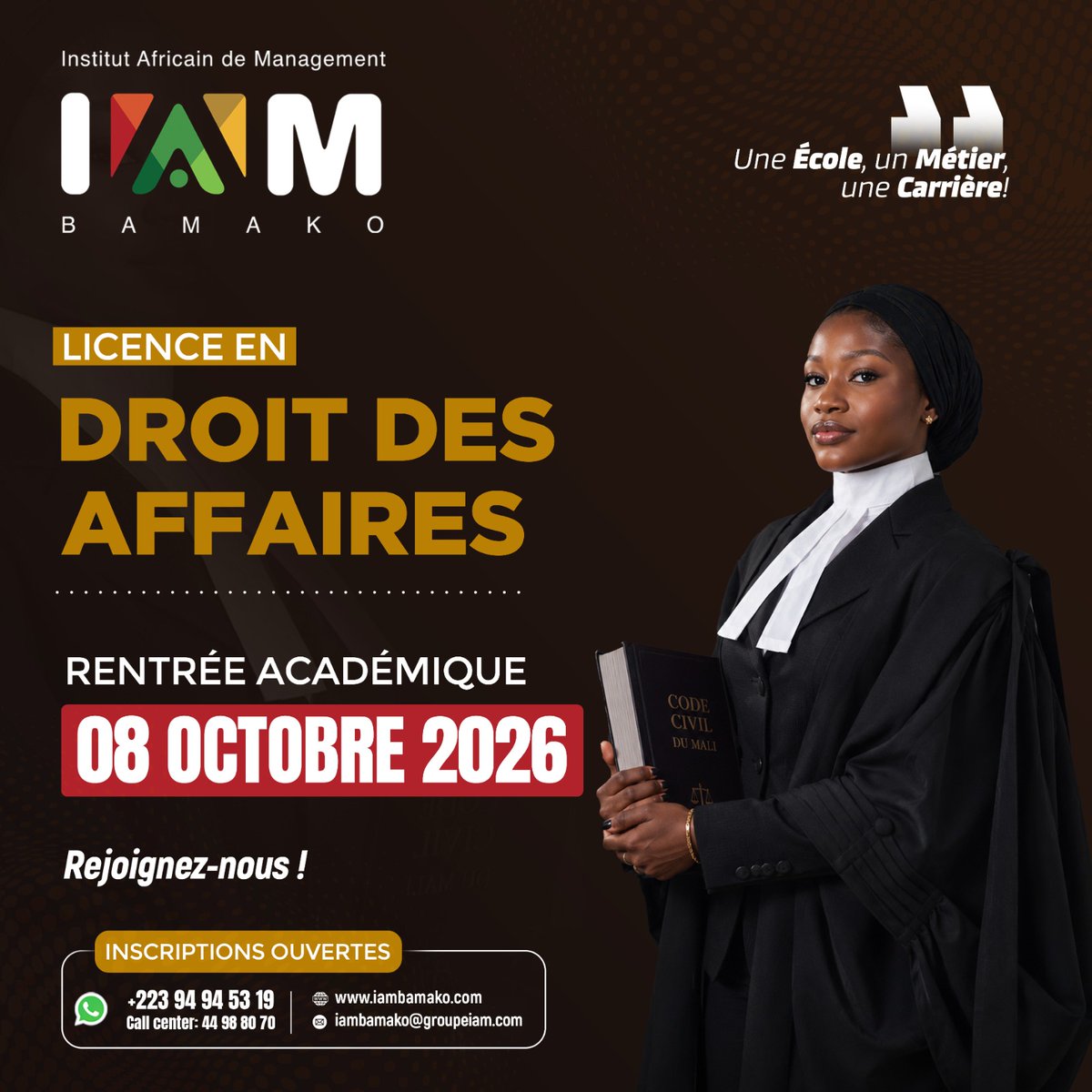 iam_bamako's tweet photo. À chaque ambition, son parcours. À chaque parcours, sa spécialisation.

Administration des Affaires, Informatique de Gestion ou Droit des Affaires : découvrez les possibilités qui s’offrent à vous à IAM Bamako et construisez votre avenir. 
#IAMBamako223  #RentréeAcademique26_27 https://t.co/dqUQLN0FaU