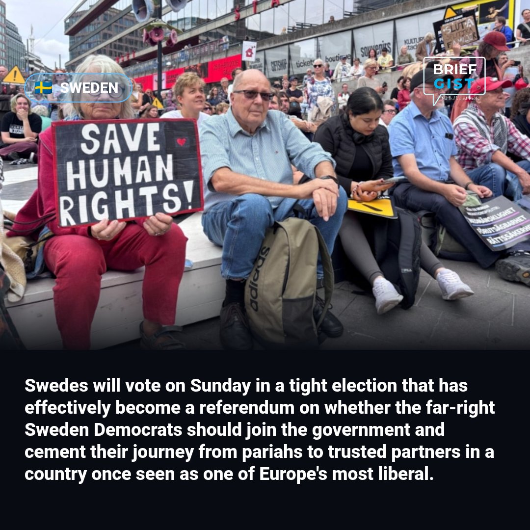 BriefGist's tweet photo. Sweden's election could bring far right a place at the heart of government. https://t.co/tO90fwzGow