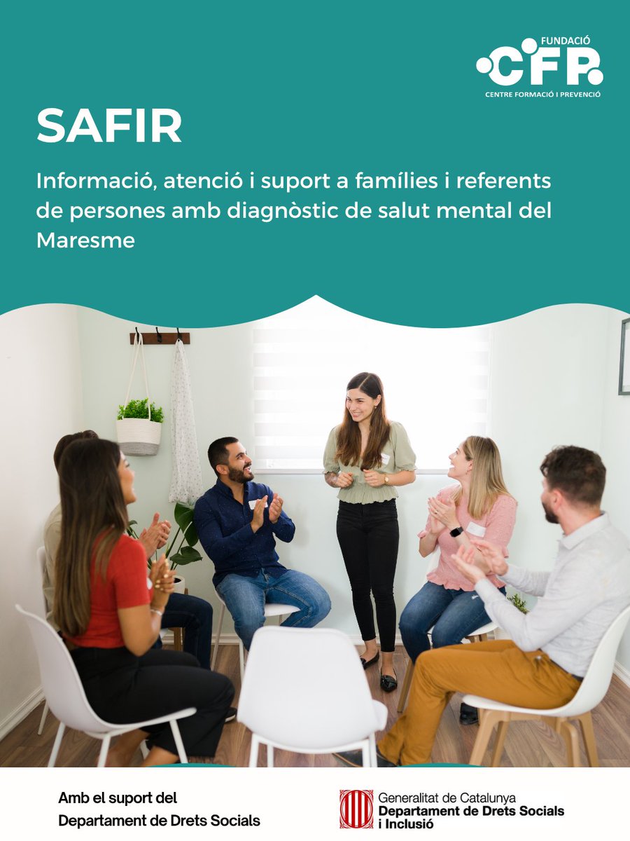 CFPMaresme's tweet photo. Acompanyar en salut mental també és donar eines a les famílies.

SAFIR ofereix informació, orientació i suport, amb especial atenció al seu paper en els processos d’autonomia i inclusió laboral.

Amb el suport del Departament de Drets Socials de la Generalitat de Catalunya. https://t.co/eMniTbzpjN