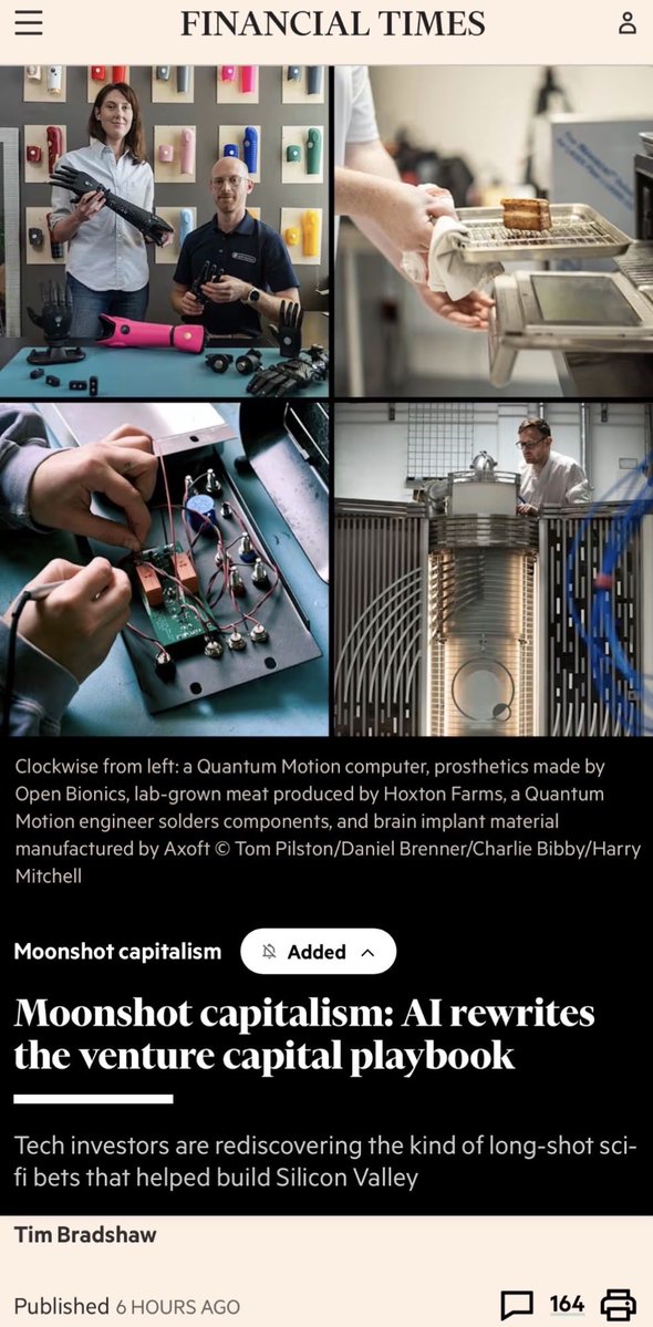 davmiranda's tweet photo. “El auge de la IA está alimentando un resurgimiento en las apuestas ambiciosas (“moonshot"), porque los enormes rendimientos obtenidos por los primeros inversores de SpaceX y la caída de las valoraciones de las empresas de software tradicionales están obligando a los inversores tecnológicos a operaciones más arriesgadas e intensivas en capital.

Ideas que en el pasado se consideraban extravagantes, desde la fusión nuclear hasta la fusión de humanos con máquinas, están llamando la atención de firmas de venture capital que, hace unos años, jamás habrían tocado startups de estos sectores”