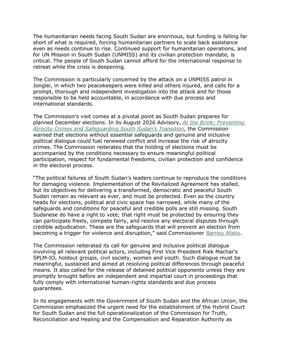 UNCHRSS's tweet photo. The window to prevent further deterioration is narrowing.

Concluding its 14th visit, @UNCHRSS warns that renewed violence, shrinking civic space, corruption and impunity are putting civilians and South Sudan’s political transition at risk

South Sudan still has a choice
#SSOX https://t.co/6aLA9XDlaH