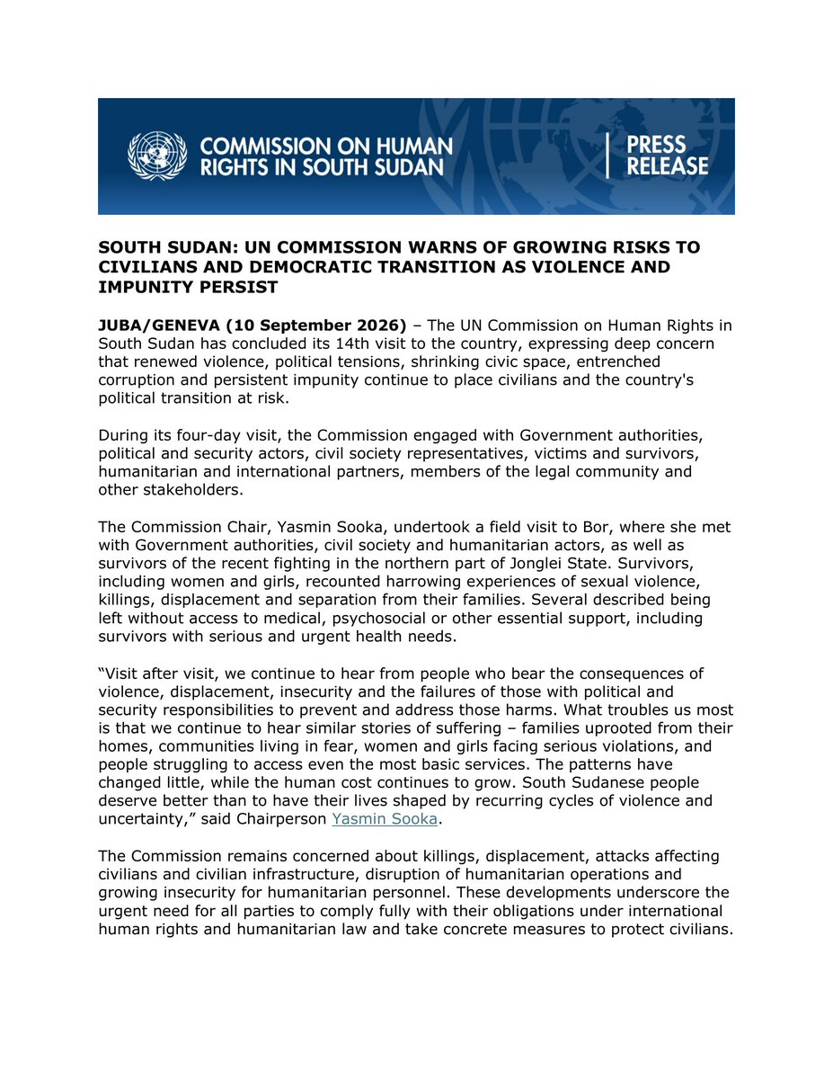 UNCHRSS's tweet photo. The window to prevent further deterioration is narrowing.

Concluding its 14th visit, @UNCHRSS warns that renewed violence, shrinking civic space, corruption and impunity are putting civilians and South Sudan’s political transition at risk

South Sudan still has a choice
#SSOX https://t.co/6aLA9XDlaH