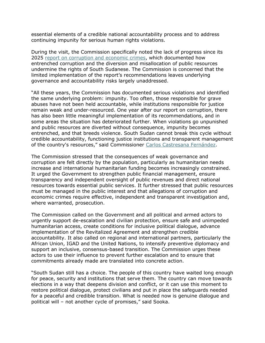 UNCHRSS's tweet photo. The window to prevent further deterioration is narrowing.

Concluding its 14th visit, @UNCHRSS warns that renewed violence, shrinking civic space, corruption and impunity are putting civilians and South Sudan’s political transition at risk

South Sudan still has a choice
#SSOX https://t.co/6aLA9XDlaH