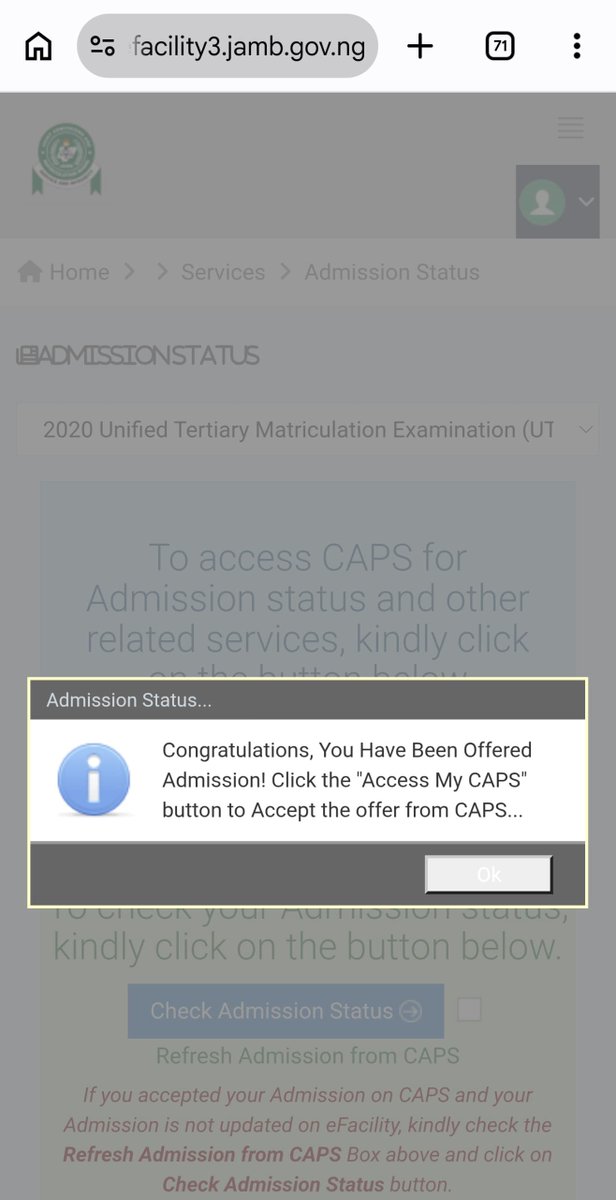 superBoy0024's tweet photo. @jamb_hq I got admission in 2020 through direct entry, and my regularization was also approved. I've been trying to accept the admission, but this is the message I see under my CAPS section: "You are not eligible to use this service."

@jamb_hq https://t.co/fYuOP42JcR