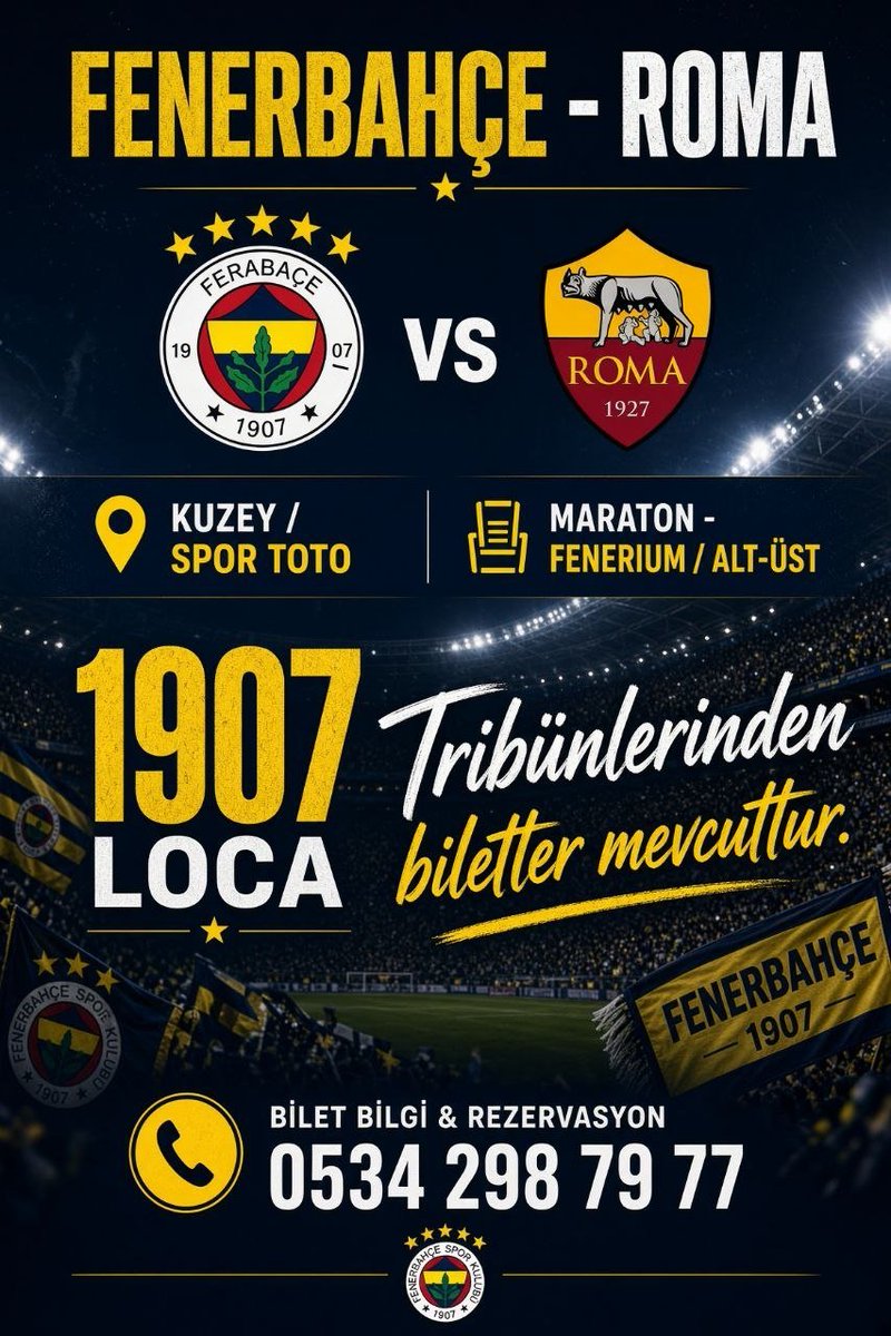 Tcdevirlibilet's tweet photo. FENERBAHÇE-ROMA 
HER TRİBÜNDEN BİLET MEVCUTTUR

ANLIK YÜKLEMELER MEVCUTTUR 

İletişim 
0534 298 79 77 

#fener #fenerbahçe #roma #izmir  #şampiyonlarligi #şampiyon #bilet #kombine #devir #derbi  #ticket #avrupa #kombine #biletdevir +051 https://t.co/cNe6BxCMnf