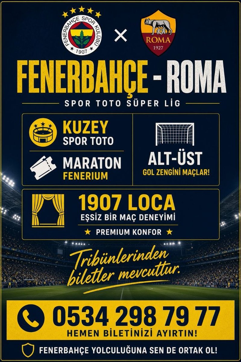 Tcdevirlibilet's tweet photo. FENERBAHÇE-ROMA 
HER TRİBÜNDEN BİLET MEVCUTTUR

ANLIK YÜKLEMELER MEVCUTTUR 

İletişim 
0534 298 79 77 

#fener #fenerbahçe #roma #izmir  #şampiyonlarligi #şampiyon #bilet #kombine #devir #derbi  #ticket #avrupa #kombine #biletdevir +051 https://t.co/cNe6BxCMnf