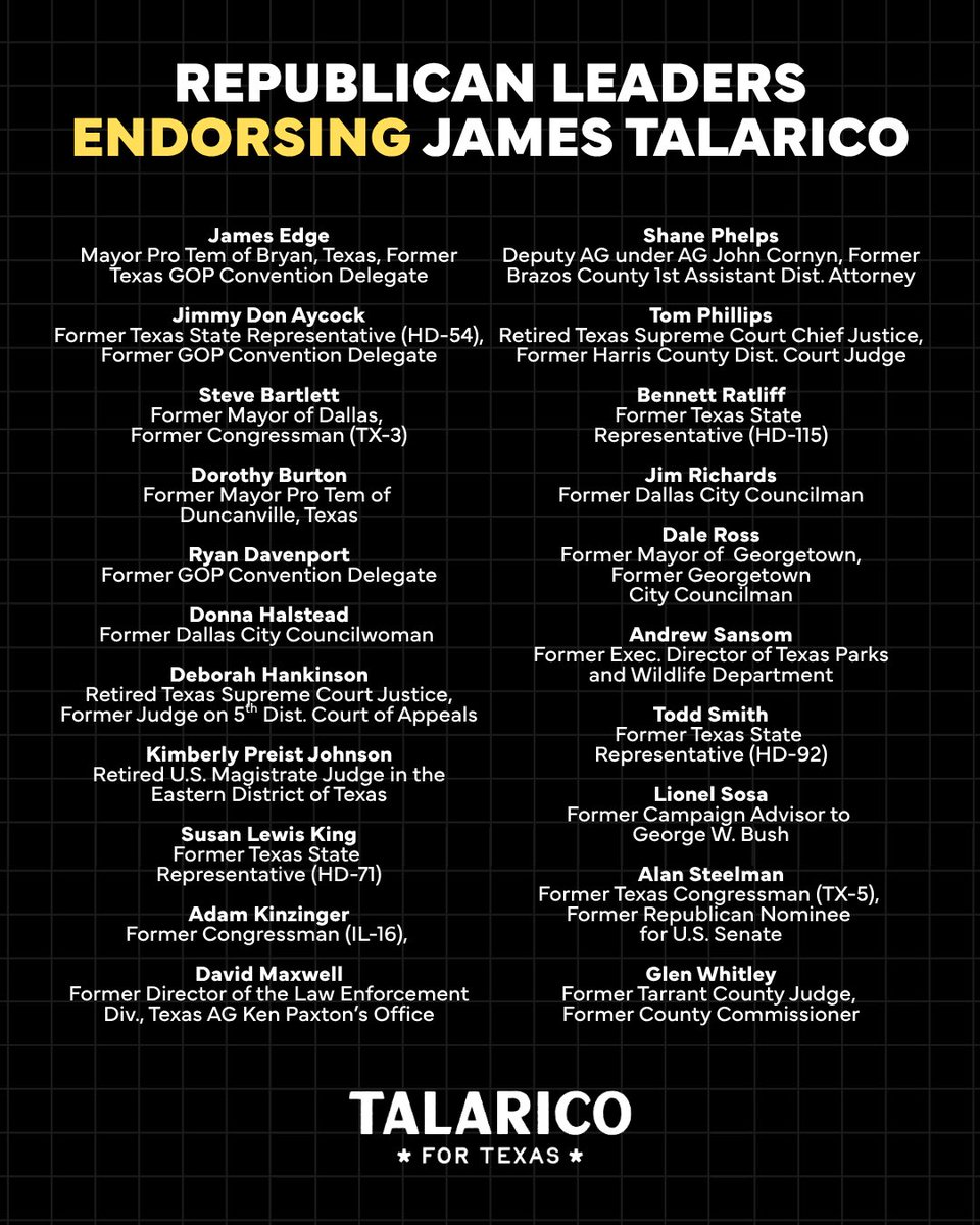 jamestalarico's tweet photo. BREAKING: 20+ Republican leaders just endorsed our campaign for US Senate.
We’re bringing Texans together onto one team to take power back for working people.
Because the real fight in this country isn't left versus right — it's top versus bottom. https://t.co/1tI3hStJId