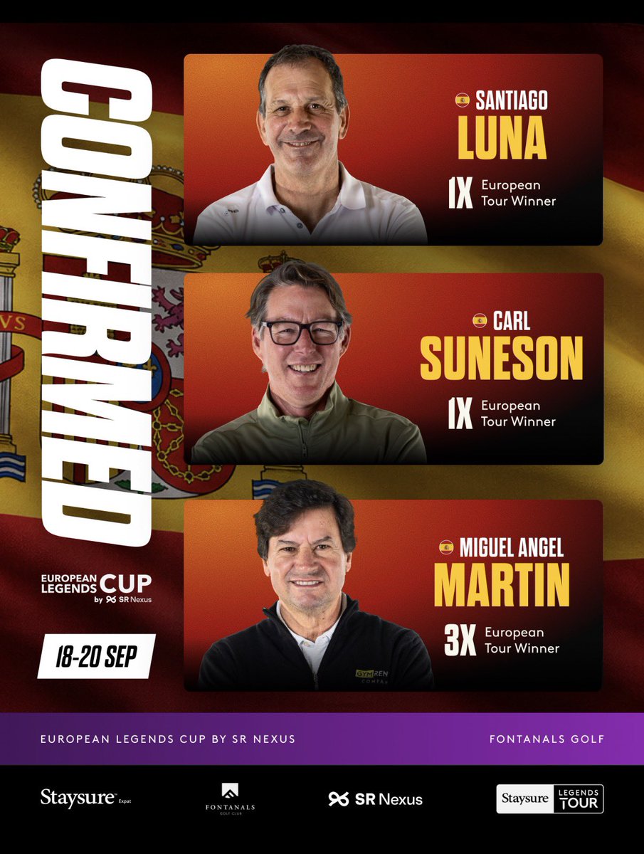euLegendsTour's tweet photo. Home heroes ready for Spain 🇪🇸

The Spanish stars are set to tee it up at the European Legends Cup by SR Nexus.
A big week on home soil, with plenty of local support behind them.
 
Register for FREE tickets via the link in the bio 🔗
 
#StaysureLegendsTour #EuropeanLegendsCup https://t.co/KLjH9iISz4