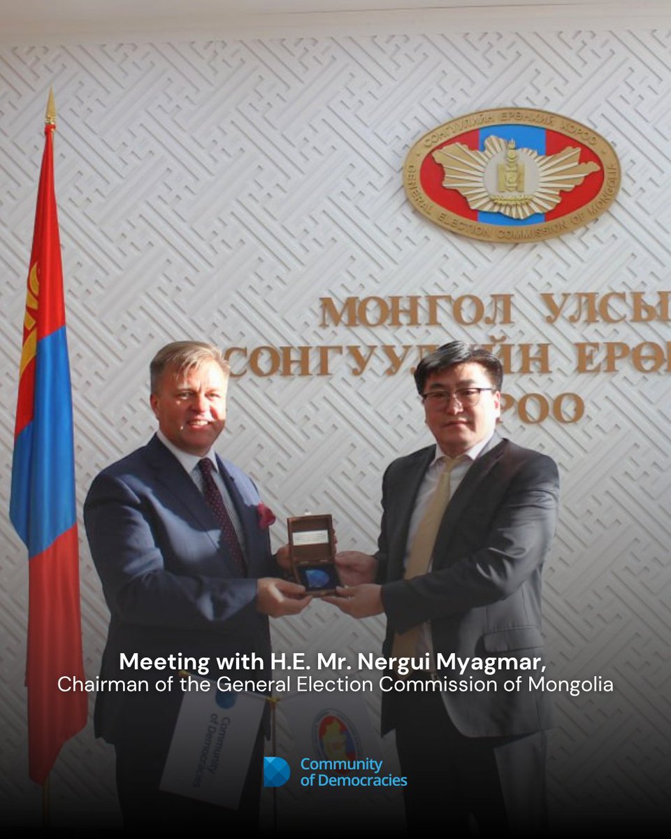 CommunityofDem's tweet photo. Secretary General met today with H.E. Mr. Nergui Myagmar, Chairman of the General Election Commission of Mongolia 🇲🇳

They discussed avenues for future cooperation to strengthen democratic processes, support electoral integrity, and foster transparent civic engagement https://t.co/U12akOquFB
