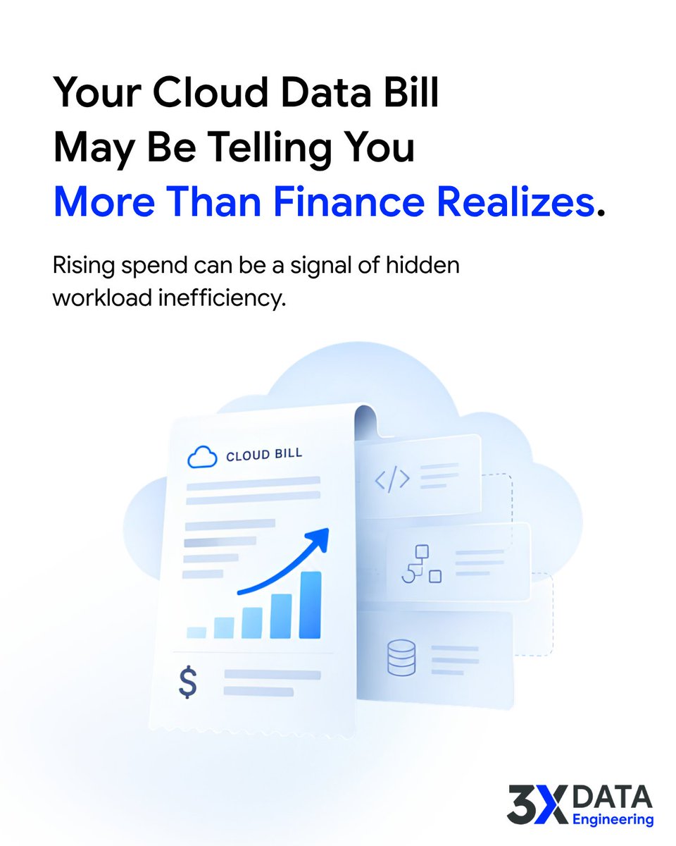 3XDataEngg's tweet photo. A rising data platform bill isn't always a capacity problem.

It can also reveal:
Unused workloads 
Redundant processing 
Repeated queries 
Stale data assets 
Inefficient pipelines
Cost visibility starts with workload visibility.
#CloudData #DataEngineering #FinOps https://t.co/iCQZCnew4M