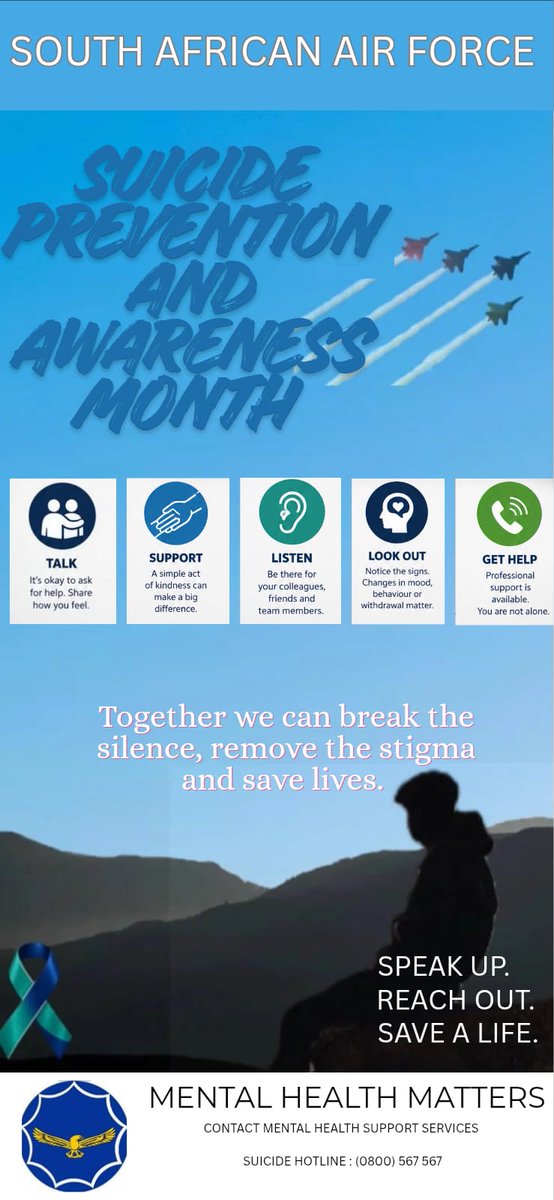 SANDF_ZA's tweet photo. Suicide Prevention and Awareness Month || September 2026.

Infographic by Boipelo Molosiwa, Dineo Matlapeng, and Keletso Mphahlele (SA Air Force Interns).

#SANDF
#SAAirForce
#PerAsperaAdAstra
#SuicidePreventionMonth2026 https://t.co/IJQpNgJV1V