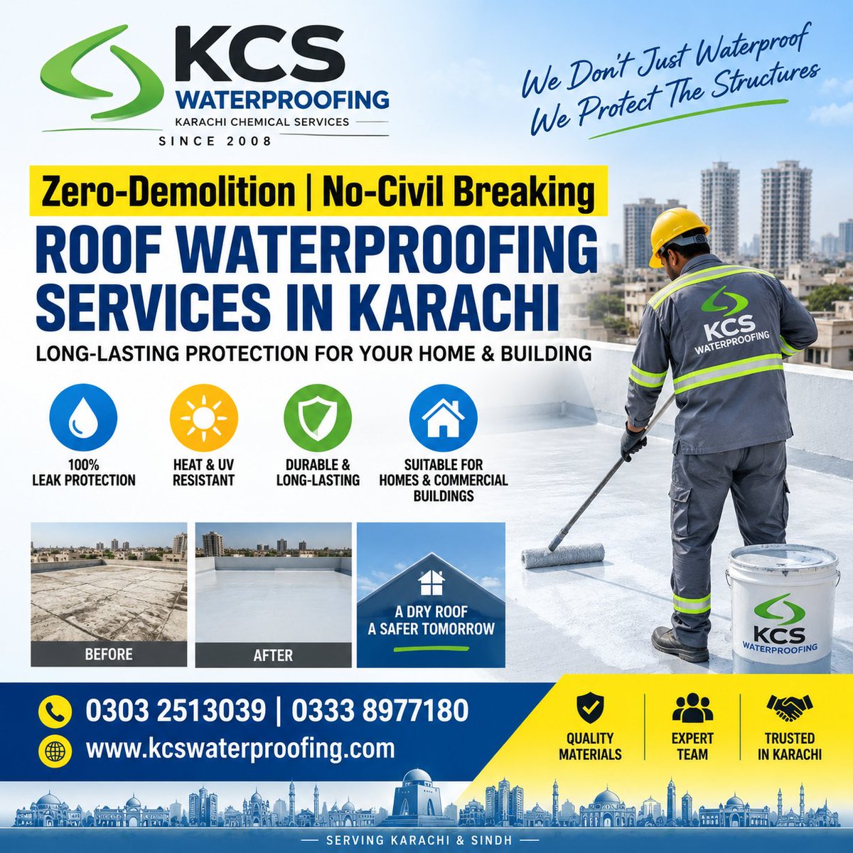 KarachiChemical's tweet photo. Zero-Demolition | No-Civil Breaking Roof Waterproofing Services in Karachi

Protect your concrete (RCC) roof from water leakage, rain seepage, dampness and moisture with professional roof waterproofing by KCS Waterproofing | Karachi Chemical Services. https://t.co/9ue90UydHV