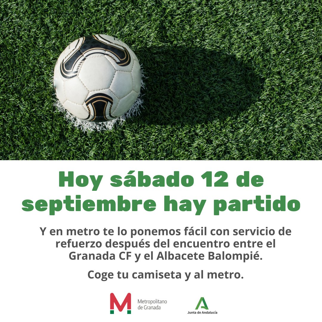 MetroGranada's tweet photo. ⚽️ Hoy sábado hay partido y el metro te lo ponemos fácil con servicio de refuerzo antes y después del encuentro entre el @GranadaCF y el @AlbaceteBPSAD 

👕 Coge tu camiseta y al metro. https://t.co/JslHh0Q0iO
