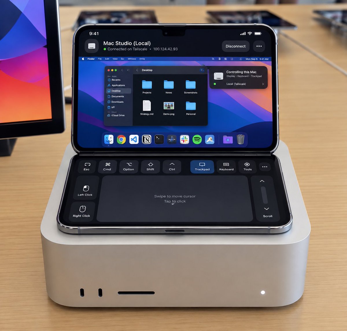 Bfaviero's tweet photo. iPhone Duo connected to your Mac Studio as a display + keyboard https://t.co/4tBJX2LcIh