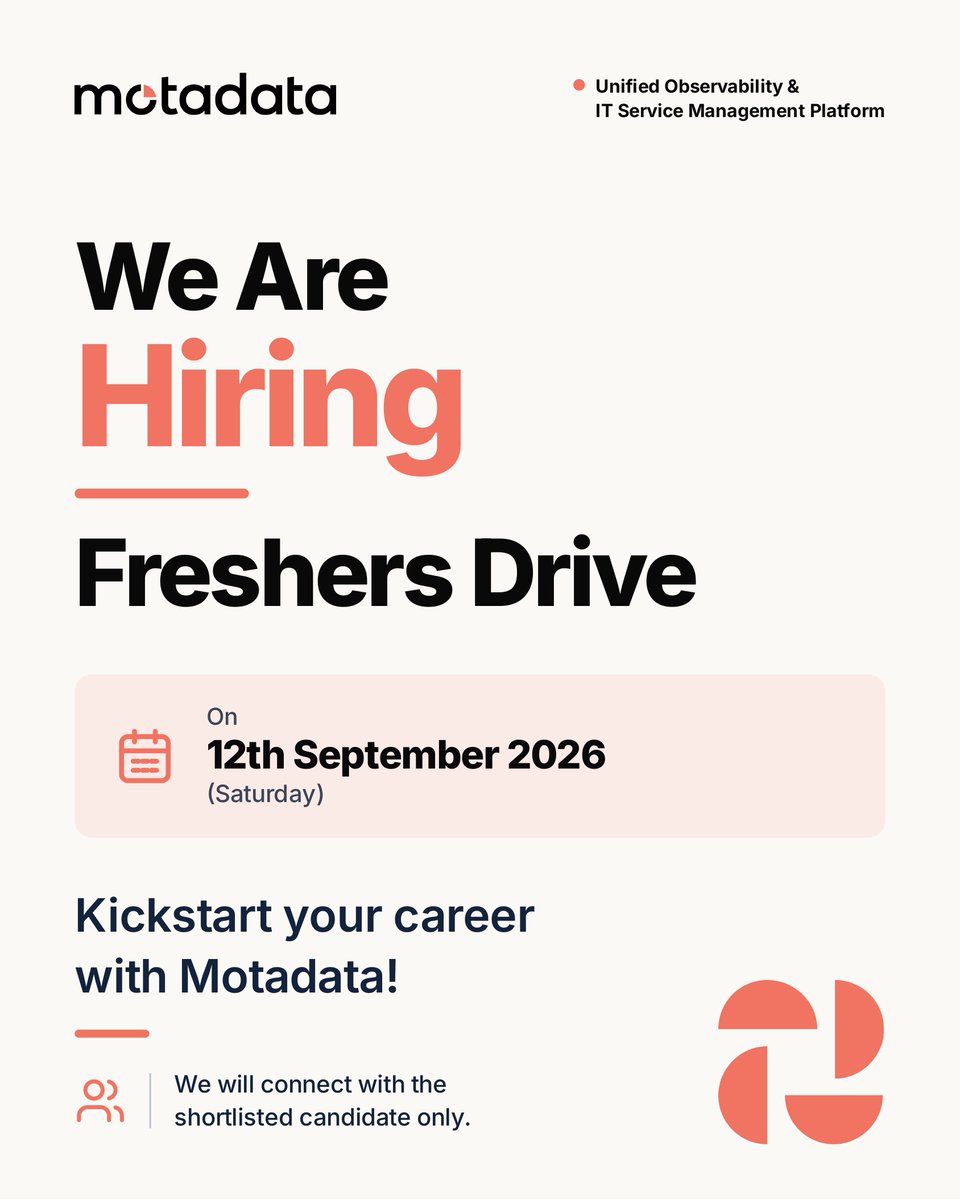 MotadataSystems's tweet photo. 🚀 Freshers, your career starts here!

Motadata is hiring freshers for Trainee – Customer Experience Engineer &amp; Trainee – HR.

📅 Sept 12 | ⏰ 10 AM–1 PM
📍 Ahmedabad
🎓 B.E./B.Tech/MBA (HR)

Register: https://t.co/kJq2hVi38I

#Motadata #FreshersHiring #AhmedabadJobs https://t.co/lWGU9YBHvO
