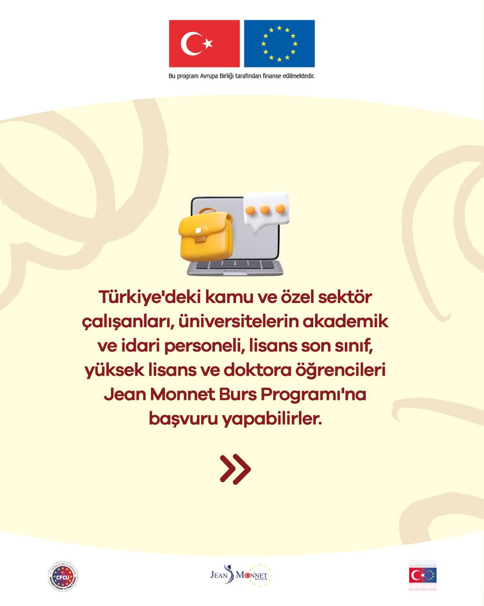 jeanmonnetbursu's tweet photo. Jean Monnet Burs Programı’na Kimler Başvurabilir?
Son Başvuru Tarihi: 27 Ekim 2026
🔗Başvuru şartları, destekleyici belgeler ve tüm detaylar için https://t.co/NVxKr28EKC
#jeanmonnet #jeanmonnetbursu
#jeanmonnetbursiyerleri #avrupabirliği
@ABBaskanligi @EUDelegationTur @cfcuturkiye