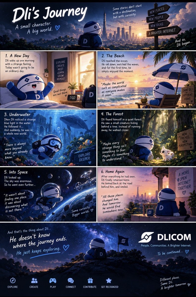 hassankhan96452's tweet photo. Dli’s Journey The Day Everything Changed 💙

Dli woke up one morning with a strange feeling.

He didn’t know why, but something inside him told him that today wasn’t going to be an ordinary day.

So he packed his little bag, put on his tie, and stepped outside his pink little house. 🏠

He had no map.

No destination.

Just curiosity.

⸻

Dli walked until he reached the beach.

The sun was warm, the water was calm, and for the first time, he simply sat down under his umbrella.

He watched the waves.

Maybe the world wasn’t as complicated as everyone made it seem. 🌊

But then he noticed something floating in the water.

A strange blue light.

Dli followed it.

And suddenly…

WHOOSH.

He was underwater. 🐟

There were colorful fish everywhere, strange creatures swimming around him, and a whole world he had never seen before.

Dli realized something:

There was always more beyond what he already knew.

So he kept exploring.

⸻

Eventually, Dli found himself somewhere completely different.

A quiet forest. 🌲

He walked between the trees, listening to the wind.

Then he noticed something unusual.

A small creature hiding behind a tree.

Dli didn’t know what it was.

But instead of running away, he smiled and walked closer.

Maybe every strange thing wasn’t something to fear.

Maybe it was something to understand.

⸻

And then…

Dli looked up.

The sky was enormous.

So he went even further.

Into space. 🚀

Planets.

Stars.

Unknown worlds.

Dli floated through the darkness, realizing just how big the universe really was.

But somewhere in that endless space, he finally understood what his journey was about.

It wasn’t about finding one specific place.

It was about discovering what was out there.

⸻

After everything he had seen, Dli finally returned home.

He opened the door, put down his bag…

and looked back at the road behind him.

The beach.

The ocean.

The forest.

The stars.

All those places had changed him.

Dli smiled.

Because tomorrow…

he would find somewhere new. 💙

And that’s the thing about Dli.

He doesn’t know where the journey ends.

He just keeps exploring.

@DlicomApp

To be continued… 🌀💙