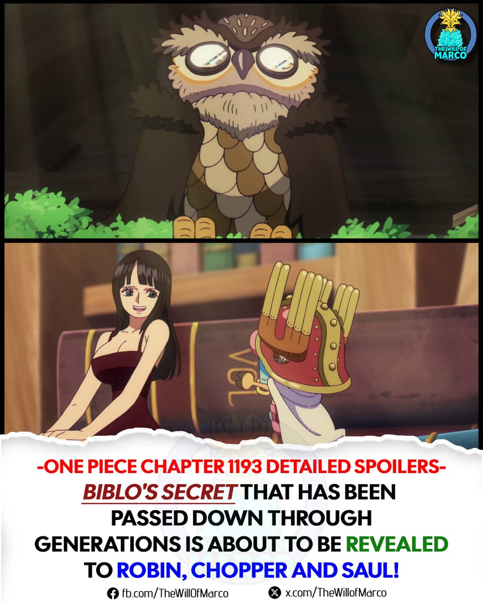 TheWillOfMarco's tweet photo. ⚠ #ONEPIECE1193 - DETAILED SPOILERS ⚠

The scene cuts to the back of the Secret/Hidden Room of the Owl Library!

--The Owl Library--
--Behind the "Hidden/Secret Room"--|

Biblo leads Robin, Chopper, and Saul to a large, cube-shaped, cage-like box with a lock on it. The cage can be seen through the iron bars, but we can't see what's inside because it's shrouded in darkness. The entire box is covered in roots and moss, as if it has been embedded into the wall of the tree.

Saul: What on earth...!! What's with all this shaking...?!!

Chopper: Biblo’s grandpa said there’s a "letter" and a "tool" that have been passed down through 
generations inside this box, and he wants us to open it...!!

Robin: This... just how many centuries old is it...?! 
Hey... if it's something important, wouldn't it be better to wait until the battle's over...?

Chopper: "No!! It has to be now!" he says...!