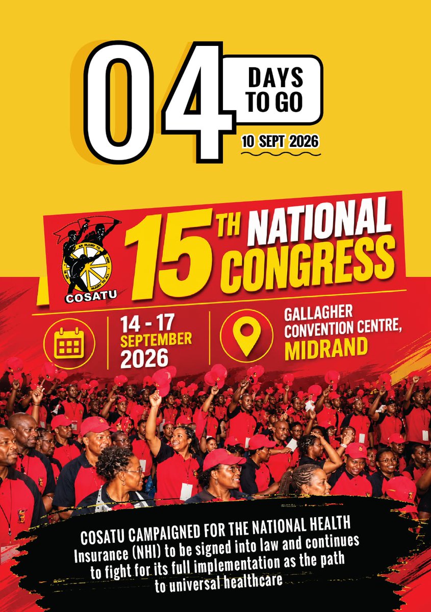 _cosatu's tweet photo. The South African Municipal Workers’ Union (#SAMWU), on behalf of municipal workers across the country, extends its well wishes to the Congress of South African Trade Unions (#COSATU) as it prepares to convene its 15th National Congress from 14 to 17 September 2026. @SAfmRadio https://t.co/Y8jc6PxbJ8