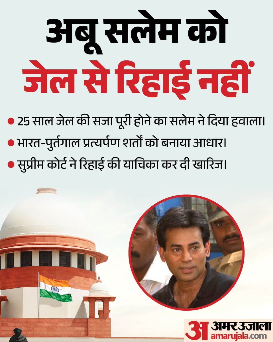 AmarUjalaNews's tweet photo. गैंगस्टर अबू सलेम ने भारत में 25 साल जेल पूरी होने का हवाला देकर तत्काल रिहाई की मांग की थी। उसने भारत-पुर्तगाल प्रत्यर्पण समझौते की उस शर्त का आधार लिया था, जिसके मुताबिक उसकी जेल की अवधि 25 साल से ज्यादा नहीं हो सकती।
पढ़ें पूरी खबर- https://t.co/bBogNOEncs
#AbuSalem #Amarujala