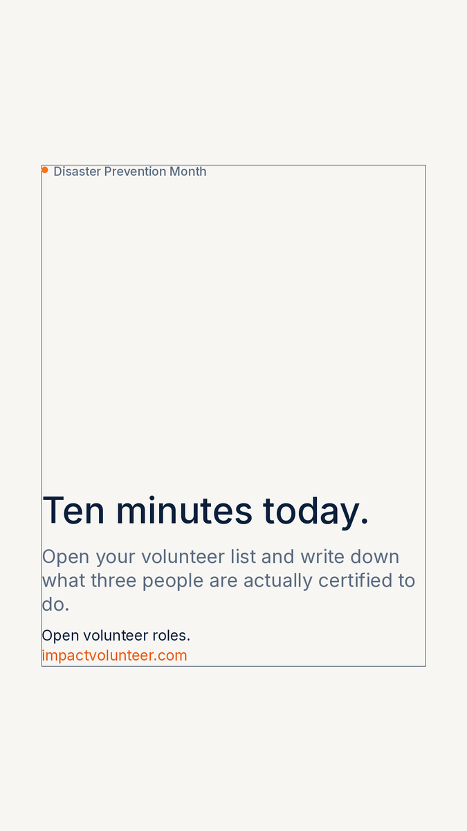 ImpactmatrixCo's tweet photo. Ten minutes today.
Open your volunteer list and write down what three people are actually certified to do. Not interested in. Certified.
Most orgs find capability they didn't know they had, held in one staff member's head.
#NationalPreparednessMonth #DisasterPreventionMonth https://t.co/pzt22vi3JM