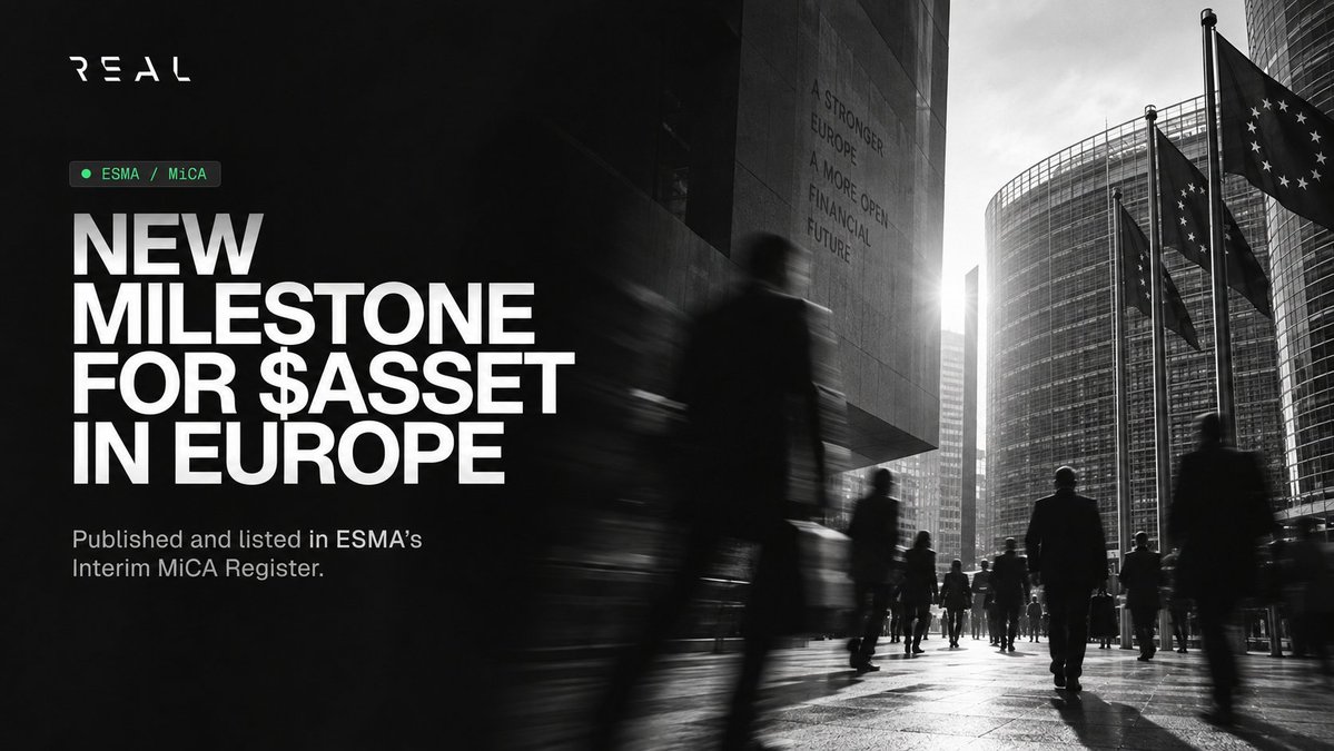 RealFinOfficial's tweet photo. REAL $ASSET has reached an important regulatory disclosure milestone in Europe.

REAL Technologies Inc. has published the $ASSET MiCA whitepaper, which is now listed in ESMA’s Interim MiCA Register. The notification covers all 30 EEA markets, giving $ASSET a single standardised MiCA disclosure reference across Europe.

The whitepaper supports the admission of $ASSET to trading and provides exchanges, institutions, and market participants with a formal framework for evaluating the asset.

The publication does not constitute approval or endorsement by any EU authority, and each trading platform makes its own listing decision.

Read the $ASSET MiCA whitepaper: https://t.co/DBSUQPpH5l