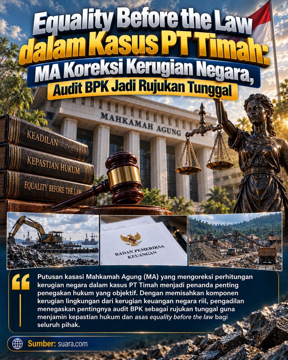 _infoharian's tweet photo. Putusan MA dalam perkara PT Timah tegaskan pemisahan kerugian keuangan negara riil dan lingkungan. Hasil audit BPK menjadi rujukan krusial demi asas keadilan &amp; kepastian hukum. #BangkaBelitung #Timah #Hukum #pttimah #Trending https://t.co/cgneC5OCB0