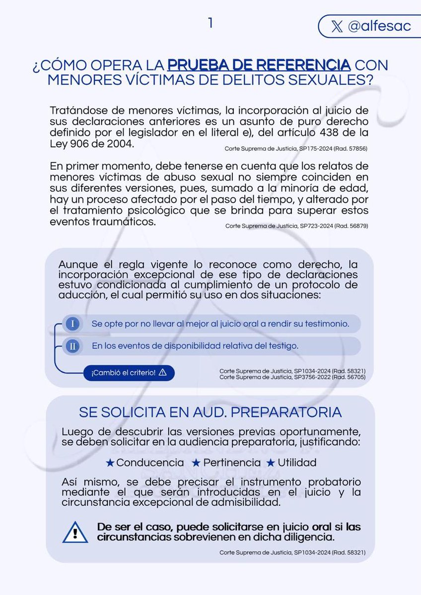 alfesac's tweet photo. 📌 ¿Cómo opera la prueba de referencia cuando se trata de menores víctimas de delitos sexuales?
La jurisprudencia ha evolucionado: de exigir la indisponibilidad —absoluta o relativa— del menor, a entender su admisibilidad como un asunto de pleno derecho, bajo el artículo 438 de la Ley 906 de 2004.
En estas fichas: criterio anterior, criterio vigente y reglas para su descubrimiento, solicitud e incorporación al juicio.
🧵👇