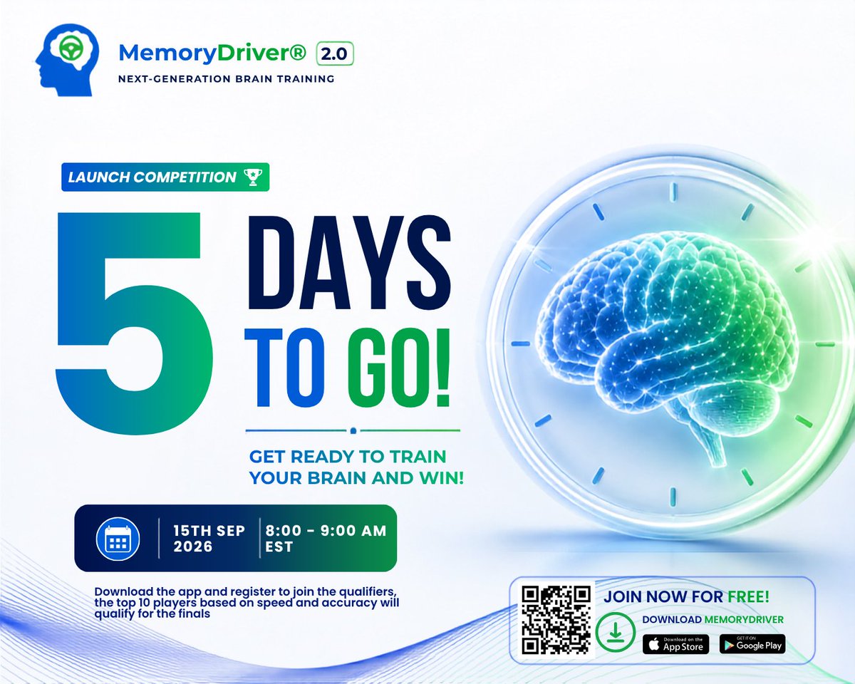 EvonMedics's tweet photo. 🧠⏳ Just 5 days until the #MemoryDriver20 Launch Competition!
🌍 Compete globally
🏆 Win exciting prizes
🎯 Top 10 qualify for the finals
✅ FREE to enter
📅 Sept 15, 2026 ⏰ 8:00 AM EST
Download the app, train your brain, and get ready to compete.
#MemoryDriver #BrainTraining https://t.co/pXW8pBqj7U