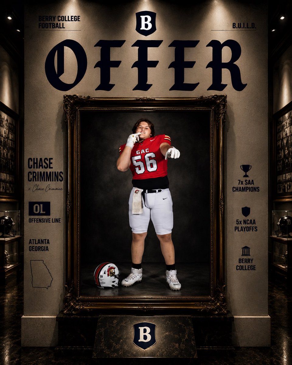 chase_crimmins's tweet photo. Blessed to receive an offer from @BerryFootball! 

@CoachJohnSikora  @GACFBRecruits @GACFootball
@One11Recruiting @RecruitGeorgia
@VarsityGeorgia 
@SidelinePreps @PrepRedzoneGA @CoachBuzzAldrin @coachTWoff
@247recruiting @sixstarfootball  @GeorgiaPrepMag https://t.co/mmZIk9KHSq