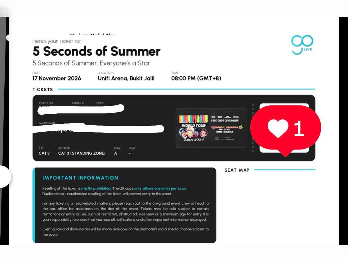 Asyakinss's tweet photo. WTS 5SOS in KL 

- 1x CAT 3 | Ganeral Standing
-17/11/2026
- RM459 incl fees (nego)
- reason to let go : i got vip standing

Or if you want to swap for second concert also can! Do let me know!

Please DM for more details 🫶🏻

#5sosinMalaysia #5sosKL https://t.co/Ml2wfMyfas