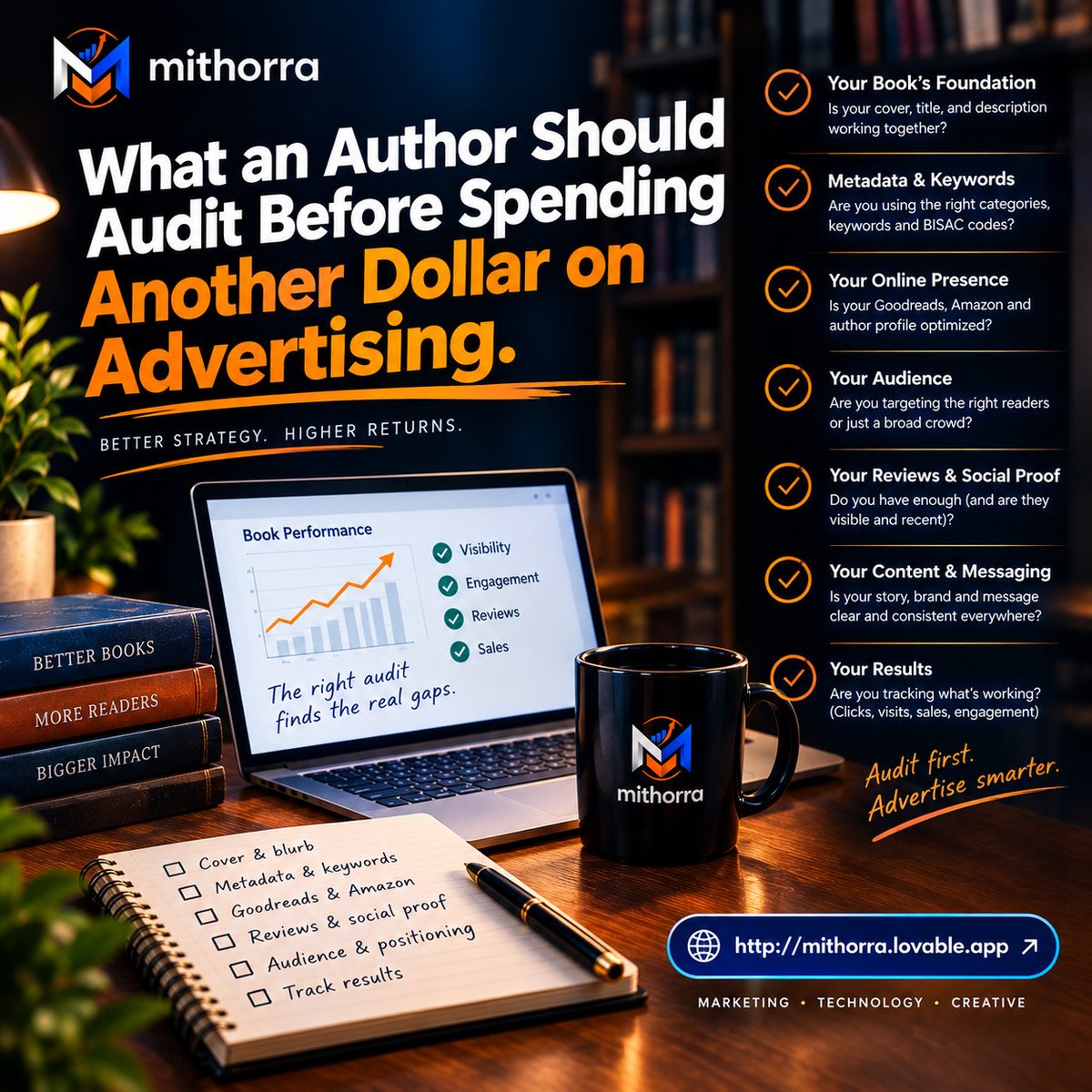 mithorra's tweet photo. Before spending another dollar on book ads, audit first.

Check your discoverability, positioning, description, metadata, reviews &amp; book page.

Use our free Book Visibility Analyzer: https://t.co/rHrYQ5Ik0Q → Book Marketing.

What would you audit first?

#SelfGrowth #indieauthor https://t.co/8DtmDcVZfo