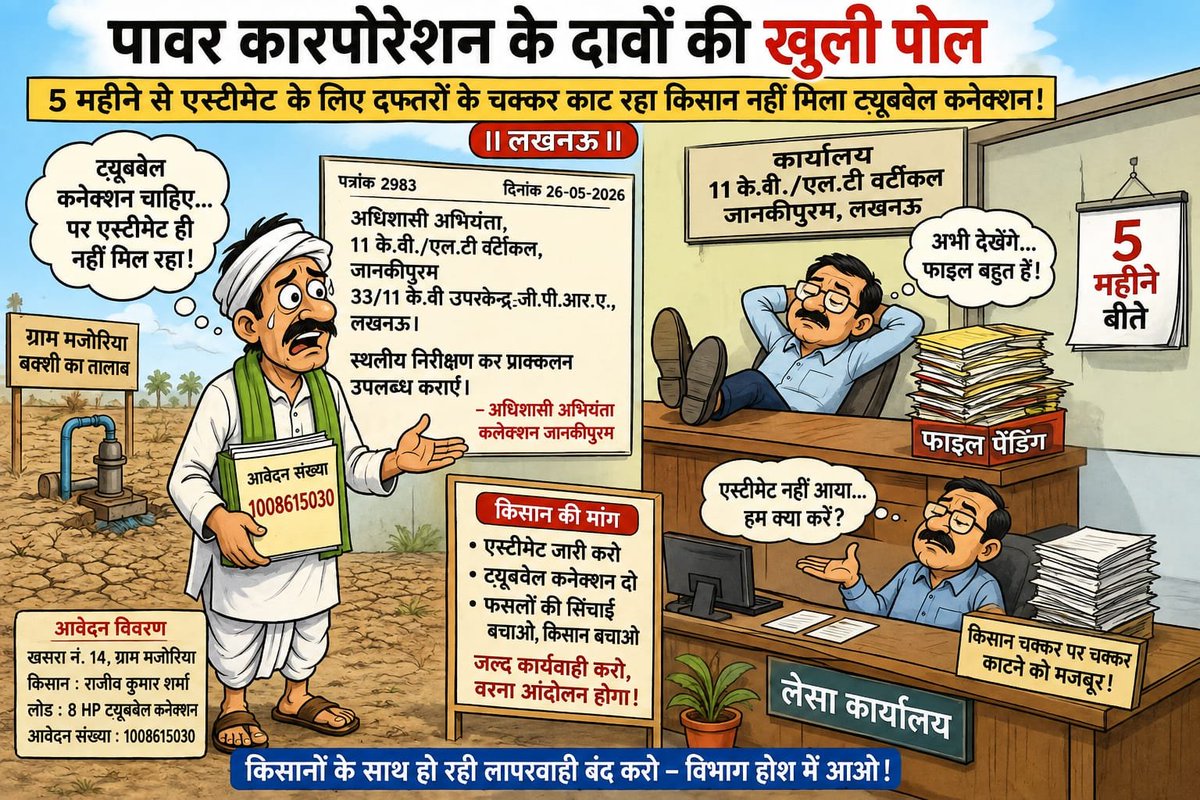 RAJANKASHY70046's tweet photo. @myogiadityanath @myogioffice @CMOfficeUP @aksharmaBharat @EMofficeUP @ChairmanUppcl @mduppcl @Dircompvvnl @chiefengineerjankipuramzone
पावर कारपोरेशन के दावों की खुली पोल 5 महीने से एस्टीमेट के लिए दफ्तरों के चक्कर काट रहा किसान नहीं मिला ट्यूबवेल कनेक्शन|

||लखनऊ||

प्रदेश सरकार द्वारा किसानों को सुचारू सिंचाई सुविधा देने के लिए चलाए जा रहे निजी नलकूप योजना पर विभागीय लापरवाही भारी पड़ रही है। जानकीपुरम क्षेत्र लेसा लखनऊ में विद्युत विभाग के अधिकारियों की घोर लापरवाही के कारण किसान महीनों से ट्यूबवेल कनेक्शन के लिए भटकने को मजबूर हैं।

मामला बक्शी का तालाब के ग्राम मजोरिया का है पीड़ित किसान राजीव कुमार शर्मा खसरा नंबर 14 ने  पोर्टल के माध्यम से 8 हॉर्स पावर के ट्यूबवेल कनेक्शन हेतु आवेदन संख्या: 1008615030 किया था।

अधिशासी अभियंता कलेक्शन जानकीपुरम द्वारा दिनांक 26 मई 2026 को पत्रांक 2983 जारी कर अधिशासी अभियंता (11 KV/LT जानकीपुरम को स्थलीय निरीक्षण कर प्राक्कलन उपलब्ध कराने के निर्देश दिए गए थे।

आदेश के साढ़े तीन महीने से अधिक समय बीत जाने के बावजूद भी संबंधित अधिकारियों द्वारा एस्टीमेट जारी नहीं किया गया।

पीड़ित किसान का कहना है कि एस्टीमेट न मिलने से ट्यूबवेल कनेक्शन लटका हुआ है जिससे फसलों की सिंचाई पूरी तरह बाधित हो रही है और आर्थिक नुकसान उठाना पड़ रहा है।

लापरवाही से तंग आकर किसान राजीव शर्मा ने अध्यक्ष उत्तर प्रदेश पावर कारपोरेशन शक्ति भवन प्रबंध निदेशक एमवीवीएनएल सहित लेसा के उच्च अधिकारियों को शिकायती पत्र भेजकर त्वरित कार्यवाही की मांग की है किसान ने चेतावनी दी है कि यदि जल्द से जल्द एस्टीमेट जारी कर कनेक्शन नहीं दिया गया तो वे उग्र आंदोलन हेतु बाध्य होंगे।
अब देखना यह होगा कि मुख्यमंत्री व पावर कारपोरेशन की प्राथमिकता वाली इस योजना पर विभागीय अधिकारी कब चेतते हैं या किसानों को यूं ही दफ्तरों के चक्कर काटने पड़ेंगे।
