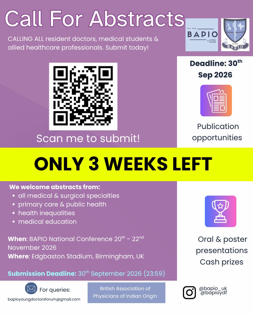 BAPIOUK's tweet photo. We are pleased to announce the Call for Abstracts for the BAPIO Research &amp; Innovation (R&amp;I) National Conference    

Submission deadline: 30th September 2026 23:59  
Acceptance notification: 7th October 2026

Submit your abstract here: https://t.co/yk4nGFGYCu 

#BAPIOYDF #BAPIO https://t.co/yv3TyoAIMY
