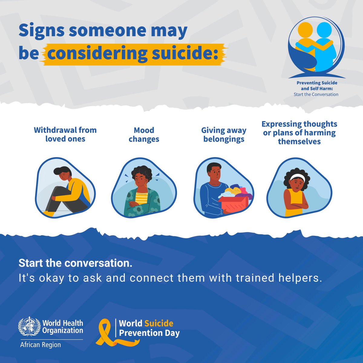 WHOAFRO's tweet photo. These are some warning signs that someone may be thinking about #suicide:

🔶 Severe mood changes
🔶 Social withdrawal
🔶 Expressing thoughts or plans about ending their life
🔶 Saying goodbye to close family and friends
🔶 Giving away valued possessions

#SuicidePreventionDay
#ChangingTheNarrative

https://t.co/nwgPvizkLa