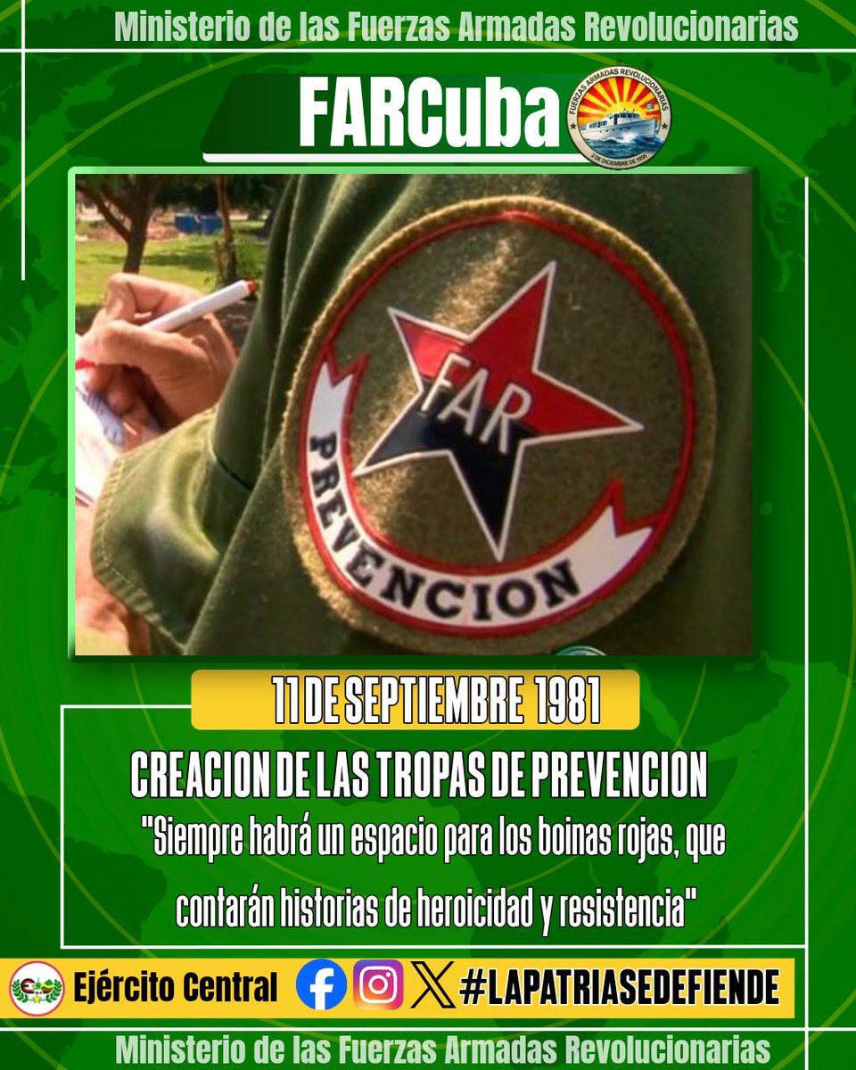 CentralEjercito's tweet photo. En nombre del Ejército Central🇨🇺🪖 felicitamos a nuestros "Boinas Rojas" 🎖️ en su aniversario.

💪🏽 Cuatro décadas y media de disciplina, seguridad y lealtad a la Revolución. ✊🏽

🫡 ¡Honor y gloria a las Tropas de Prevención! 🇨🇺
#LaPatriaSe https://t.co/Ki8Creop5Y