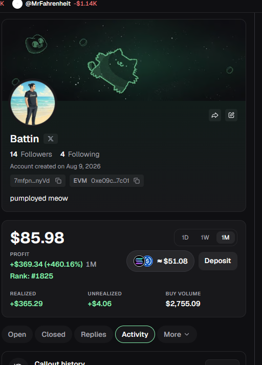Matin__bh's tweet photo. @wizzyknows @PumpfunEco i know its mehhh to ask like this for followers but my last month callouts printed so much with small size plays can you check my profile and follow me chad i need support to make this work for a low follower account like me to make some callouts reward https://t.co/MnIEWog028 https://t.co/sAovkAzuaO