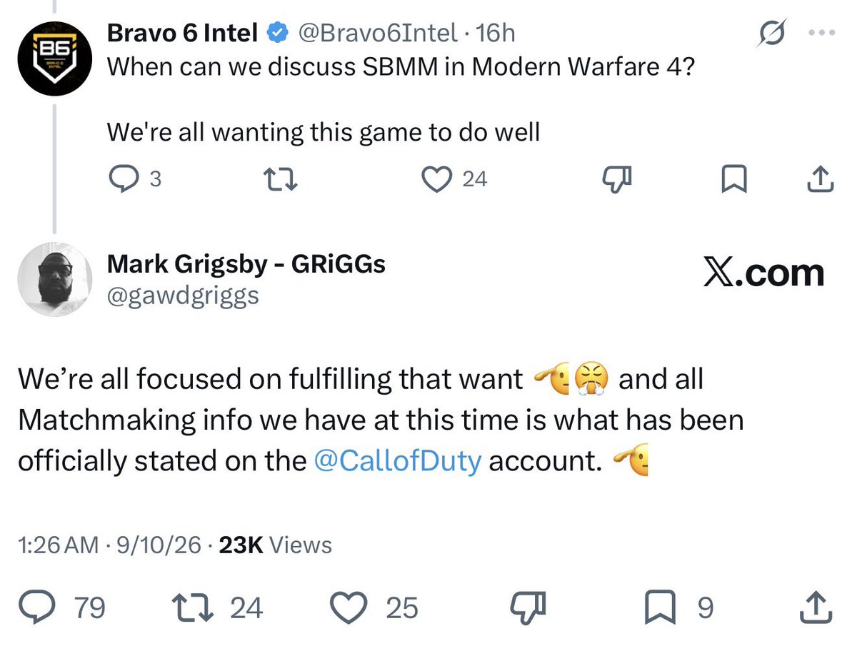 charlieINTEL's tweet photo. Infinity Ward Co-Studio says there will be no news on matchmaking for Modern Warfare 4 

He says what they want to share about it has already been announced, despite the extensive negative feedback during beta https://t.co/pGac9LFxb3