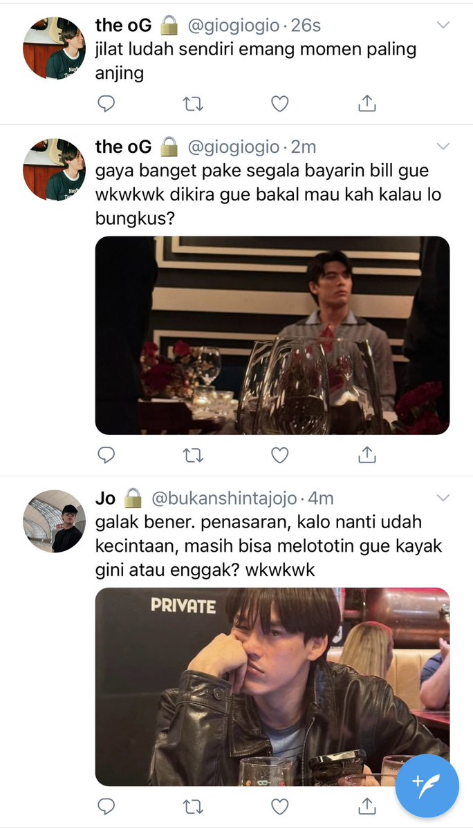 donsteacup's tweet photo. now we bet
; jossgawin au

gio gak pernah jatuh cinta seumur hidupnya. gimana kalo cinta pertamanya justru malah jadiin dia bahan taruhan? https://t.co/kVLlkOs3Hy
