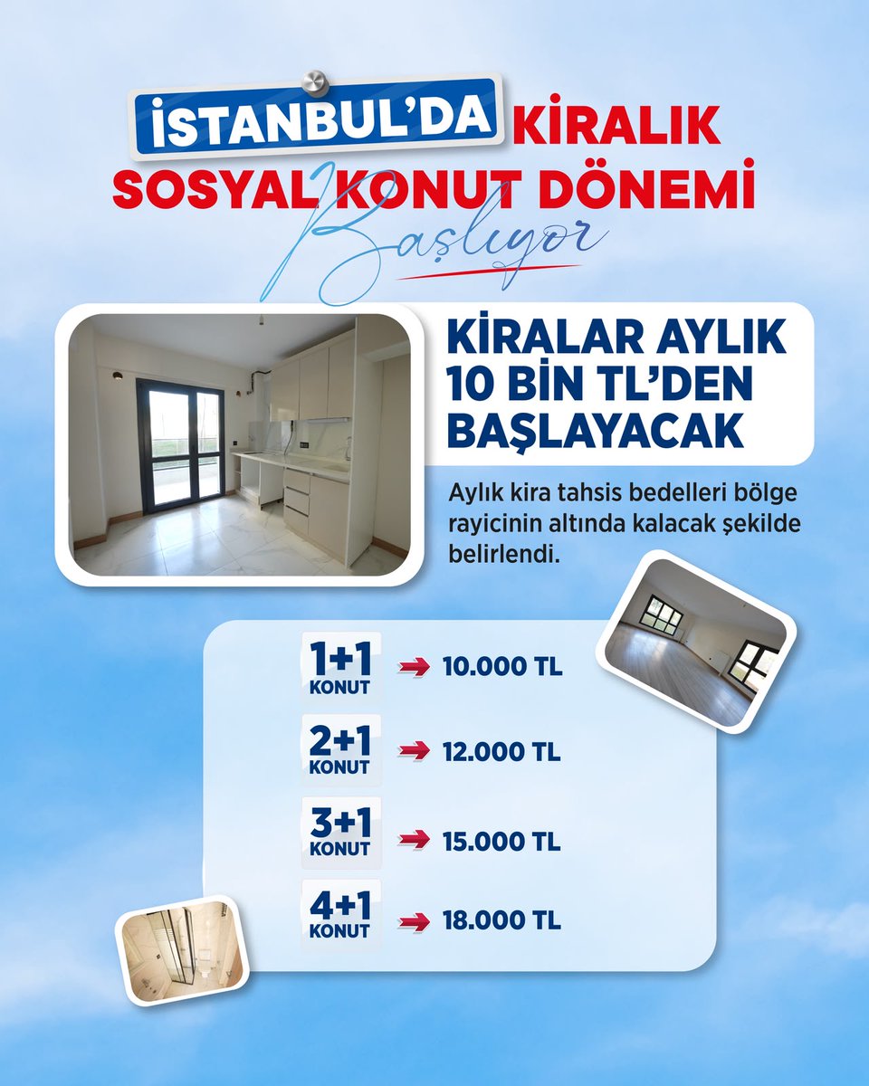 Hurguntr's tweet photo. #SONDAKİKA

🔴İstanbul'da kiralık konut kampanyasının detayları netleşti!

🏘️Kiralar aylık 10 bin TL'den başlayacak.

▫️Başvuruda bulunabilmek için:
-Evli olmak,
-18 yaş üzerinde TC vatandaşı olmak,
-Konut sahibi olmamak,
-En az 1 yıl ikamet etmek
-Ve aylık ortalama hane halkı gelirinin 100 bin TL'nin üzerinde olmaması gerekiyor.

🏘️Kiralık evler 4 faklı grupta tahsis edilecek.

📌1. Grup: Ataşehir, Sancaktepe, Ümraniye, Üsküdar
📌2. Grup: Maltepe, Tuzla, Kartal
📌3. Grup: Başakşehir, Beyoğlu, Gaziosmanpaşa, Güngören
📌4. Grup: Arnavutköy

📢Başvuru: 14 Eylül- 25 Eylül 2026
Kura çekimi ve konut teslimi: Ekim 2026