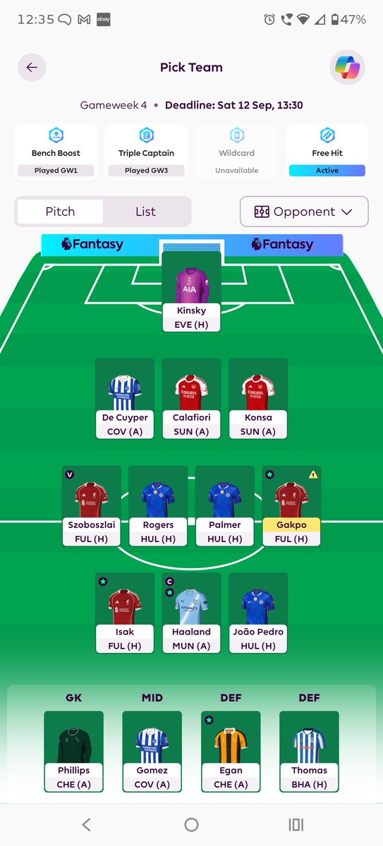 Kevherbie_FPL's tweet photo. The chip has been activated. FREE HIT

Here's how it taking shape. Triple up on the Scousers &amp; The Pensioners 😁

Fairly happy just need to sort out the Captain most probably Palmer.

#FPL #FPLCommunity https://t.co/4cPUz0fZTv