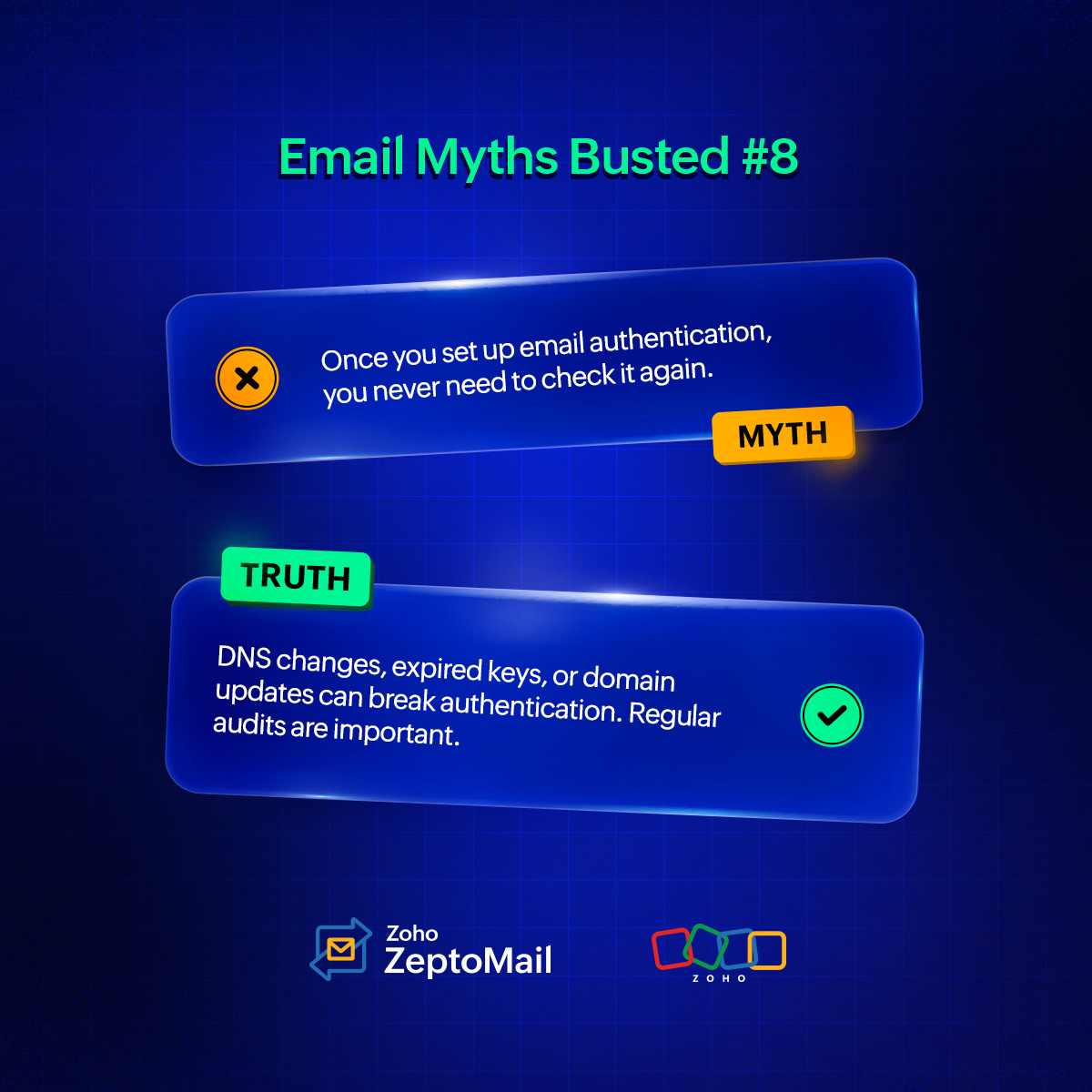 ZohoCPaaS's tweet photo. Is email authentication really a “set it and forget it” thing? 🤔 

#EmailMythsBusted #EmailAuthentication #Deliverability #ZeptoMail https://t.co/pWKrzwHpGF