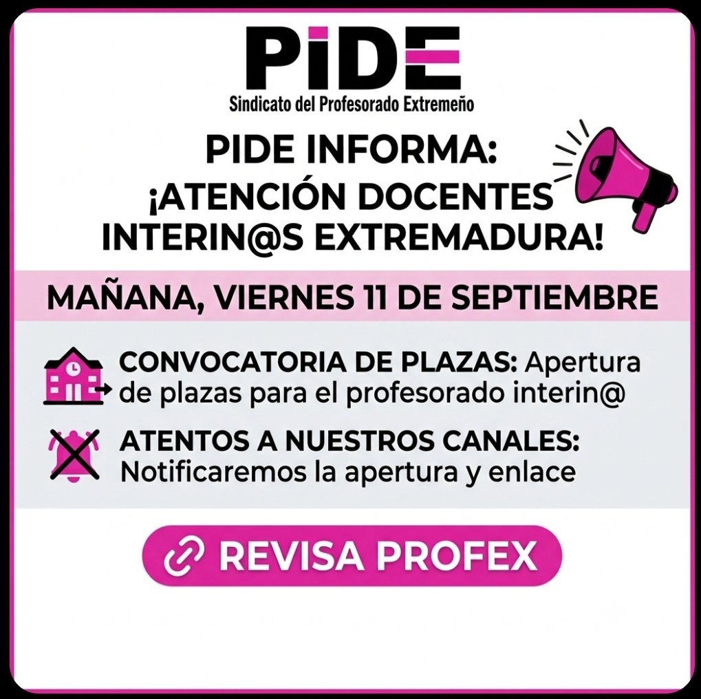 SindicatoPIDE's tweet photo. Nuevo llamamiento DOCENTES interin@s Extremadura https://t.co/PS5fUoC0JQ