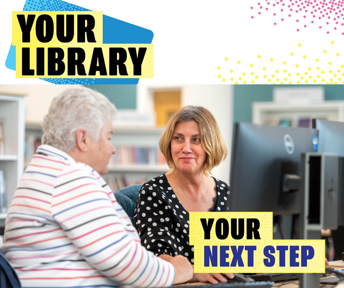 Two people are sitting at a desk with computers in a library, engaged in a conversation. The text reads "Your Library, Your Next Step." Bookshelves are visible in the background.