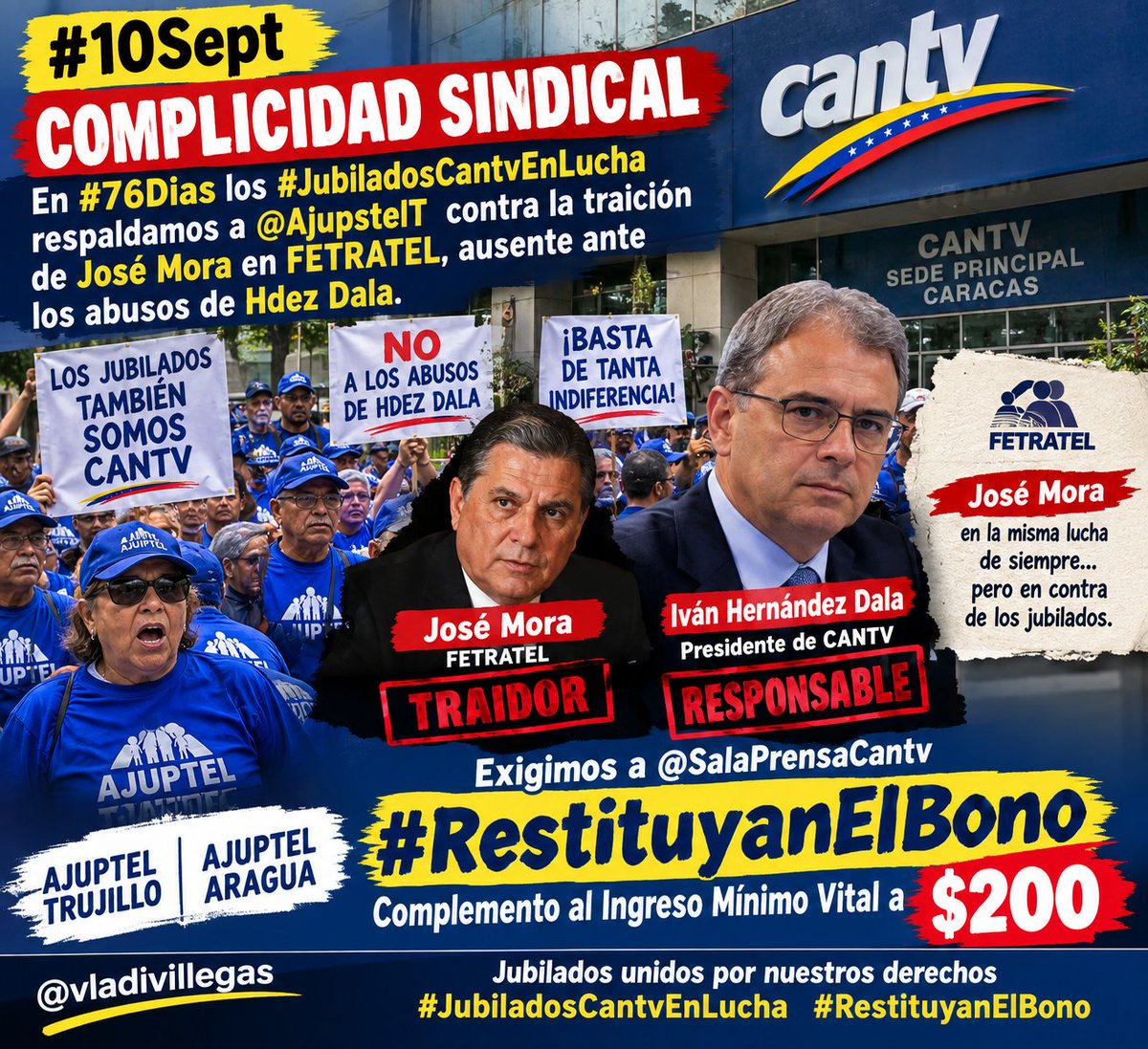 joluvague's tweet photo. #10Sept Complicidad sindical En #76Dias los #JubiladosCantvEnLucha respaldamos a @AjupstelT contra la traición de José Mora en FETRATEL, ausente ante los abusos de Hdez Dala. Exigimos a @SalaPrensaCantv #RestituyanElBono Complemento al Ingreso Mínimo Vital a $200 @ElPitazoTV https://t.co/3OsLt385E5